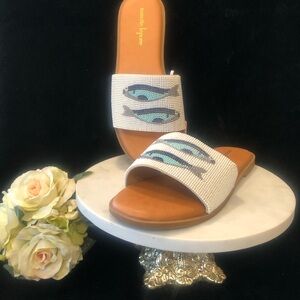 Nanette Lepore White Beaded Slide Sandals with Blue Fish Design NIB